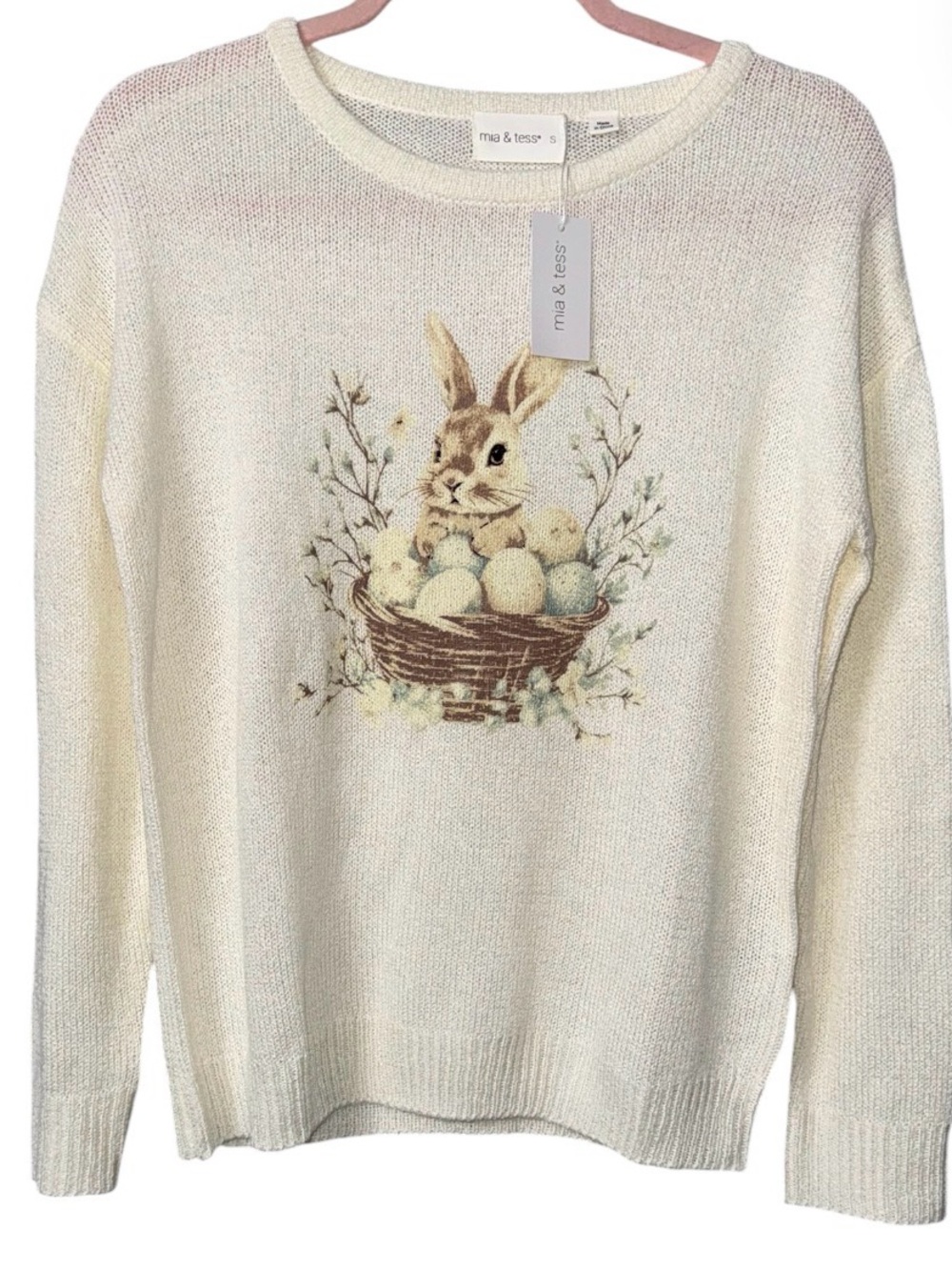 Mia & Tess Bunny in Basket‎ Sweater Women’s Small Cream Knit Easter Spring
